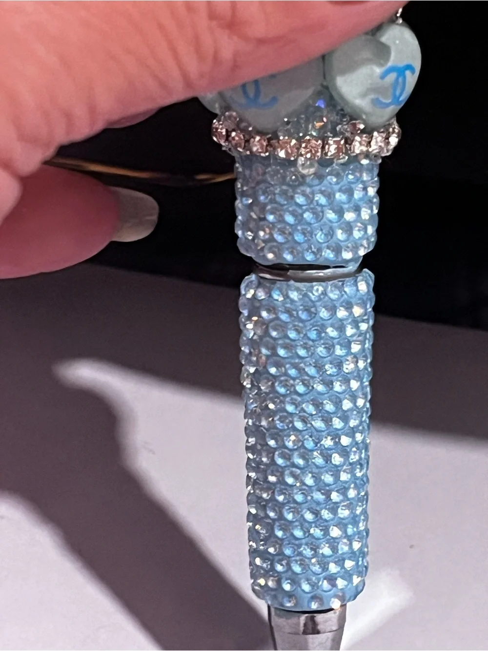 Designer-inspired custom designed blue purse focal fancy beaded pen